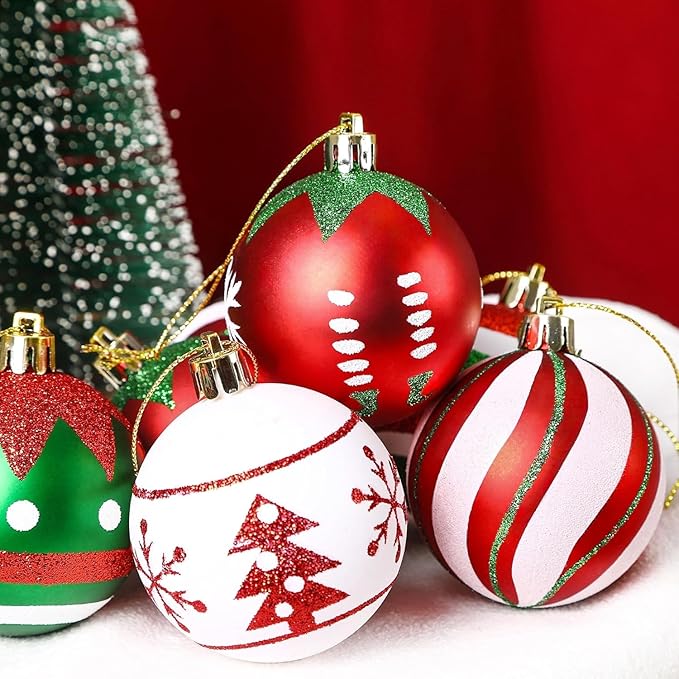SHareconn 30ct 2.36 Inch Christmas Tree Colored Balls Ornaments, Shatterproof Plastic Decorative Xmas Baubles Decorations for Tree Holiday Decor(Red and Green White, 60mm)