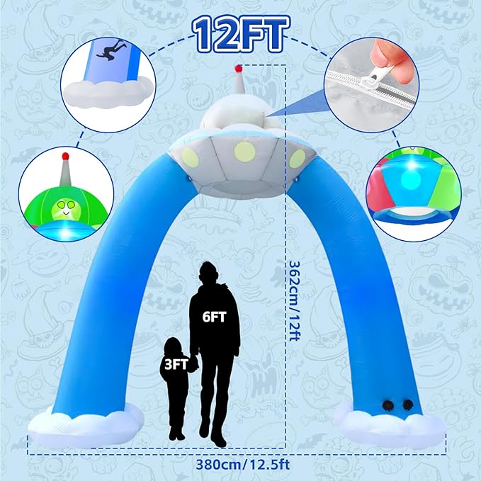 Kalolary 12.5FT Halloween Archway Inflatables, Giant Alien UFO Arch Inflatable with Blue Flashing Lights Scary Halloween Outdoor Blow Up Yard Decoration for Garden Lawn Holiday Party Decors