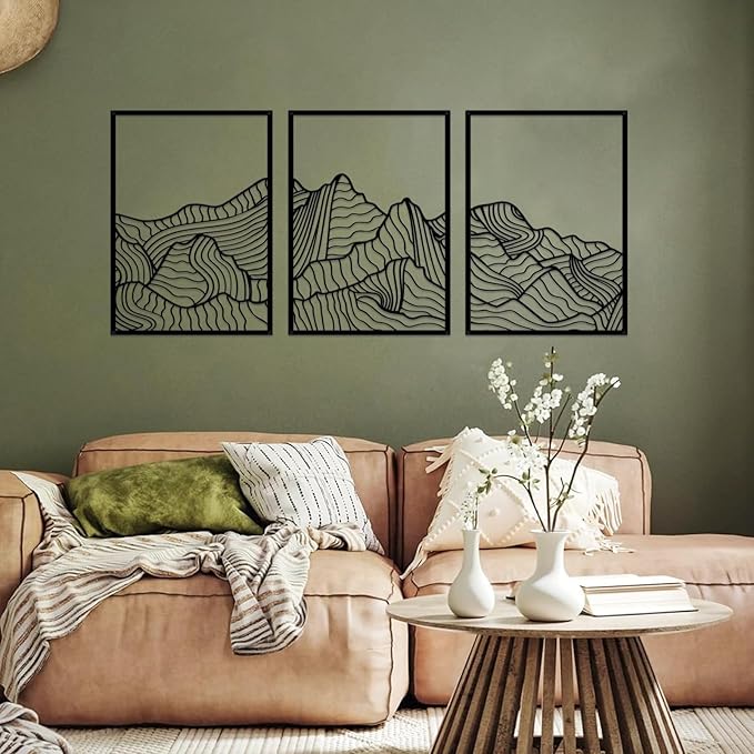 ruelen Wall Decor 3 Pcs Mountain Metal Wall Art, Mountain Line Abstract Minimalist Wall Art Rustic Nature Wall Decor Hanging Sculpture for Home Bedroom Bathroom Living Room (Black)