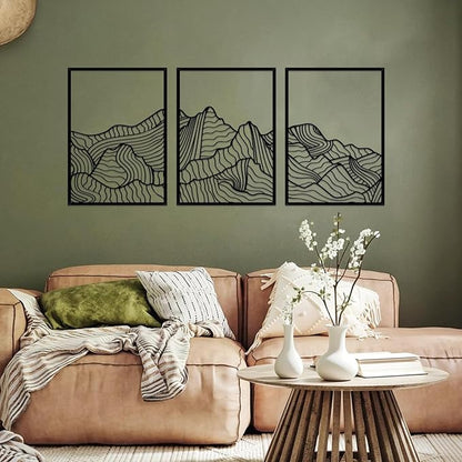 ruelen Wall Decor 3 Pcs Mountain Metal Wall Art, Mountain Line Abstract Minimalist Wall Art Rustic Nature Wall Decor Hanging Sculpture for Home Bedroom Bathroom Living Room (Black)