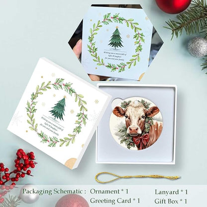 Christmas Cow Ornament Round Ceramic Ornament Xmas Keepsake for Christmas Tree Winter Holiday Xmas Gift for Women Men Xmas Hanging Ornament 3"