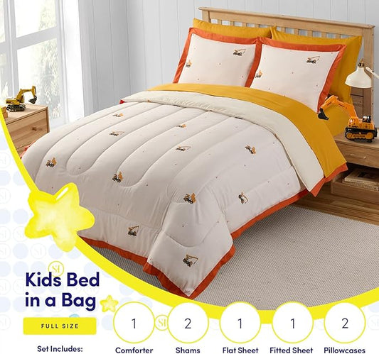 Construction Bedding Set Full Size – Bed in a Bag with Sheets, Pillowcases & Shams – Soft Construction Bedding Comforter Set with Dump Trucks, Cranes & Bulldozers – Fun Kids Construction Bedroom Decor