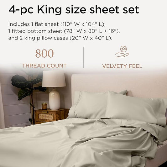 Threadmill King Size Sheets | 800 Thread Count King Bed Sheets Set for King Mattress 16” Deep Pocket | Sateen Weave, Better Than Egyptian Cotton, 4-Piece Bedding Set with Cooling Effect | Taupe