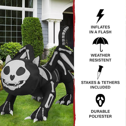 Haunted Hill Farm 5.9-ft. Wide Skeleton Cat Blow Up with Lights, Halloween Inflatable Outdoor Decorations for Patio and Yard, Giant Spooky Inflatable Outdoor Holiday Yard Decorations