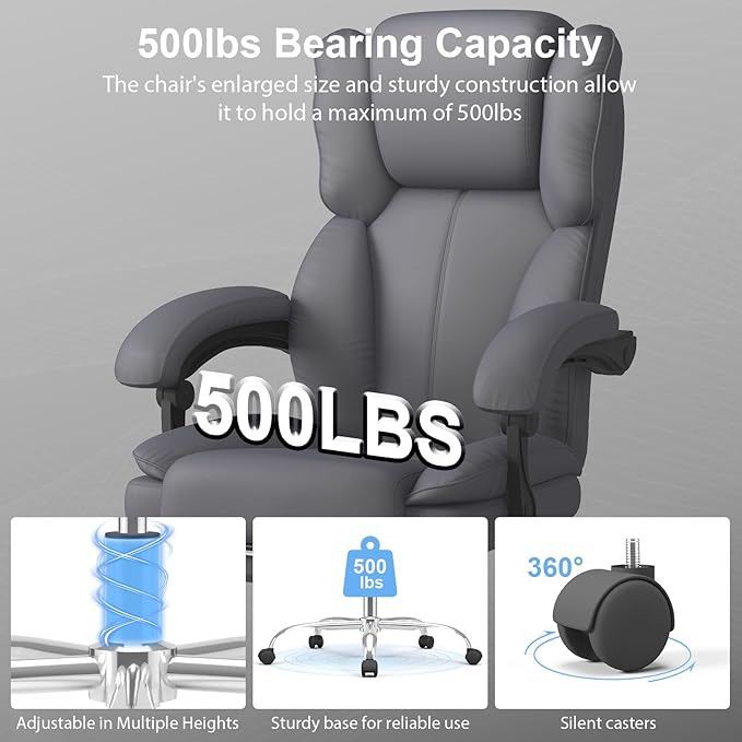 Big and Tall Office Chair, Ergonomic Leather High Back Executive Computer Chair with Retractable Footrest, Adjustable Headrest, Padded Arms, 360°Swivel Free, 90-135°Reclining, 500lbs Wide Seat, Gray