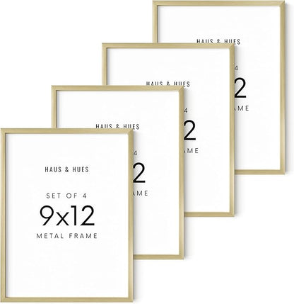 HAUS AND HUES 9x12 Gold Metal Picture Frames - Features Premium Aluminum, Vertical & Horizontal Hang, Shatterproof Plexiglass - Perfect for Home, Room, Office (9x12 in, Gold, Set of 4)