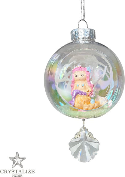 Mermaid Pink Christmas Ornament - Handmade Shatterproof Decorations for Indoor Outdoor Xmas Tree - Clear Ball Ornaments with Magnetic Crystal - Great Gift or Stocking Stuffer for Mom, Sister, Friend