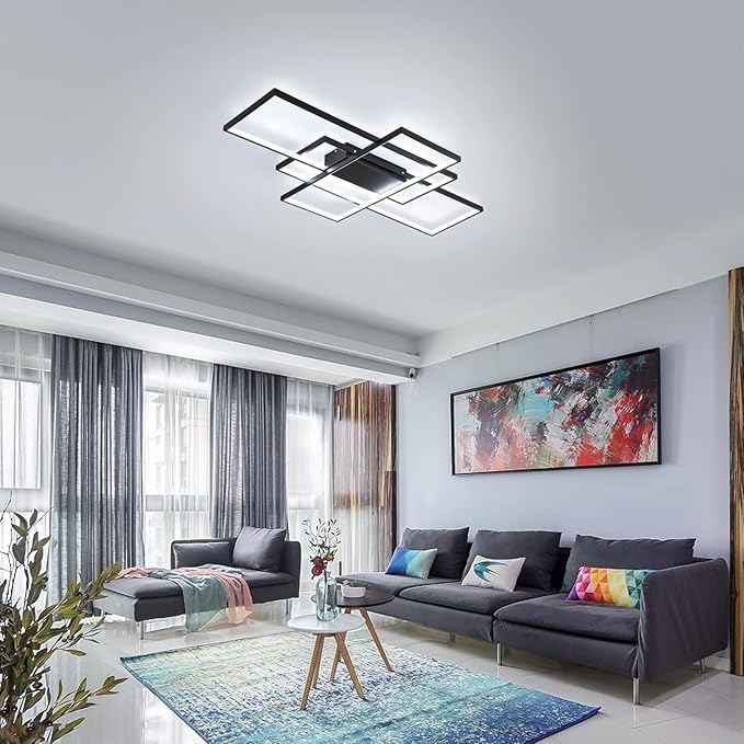 GEADI Modern Extra Large LED Ceiling Lights, Black Dimmable Rectangular Chandelier 68W Flush Mount Ceiling Lamp with Remote 3 Squares Ceiling Light Fixtures for Living Dining Room Kitchen, 41.3in