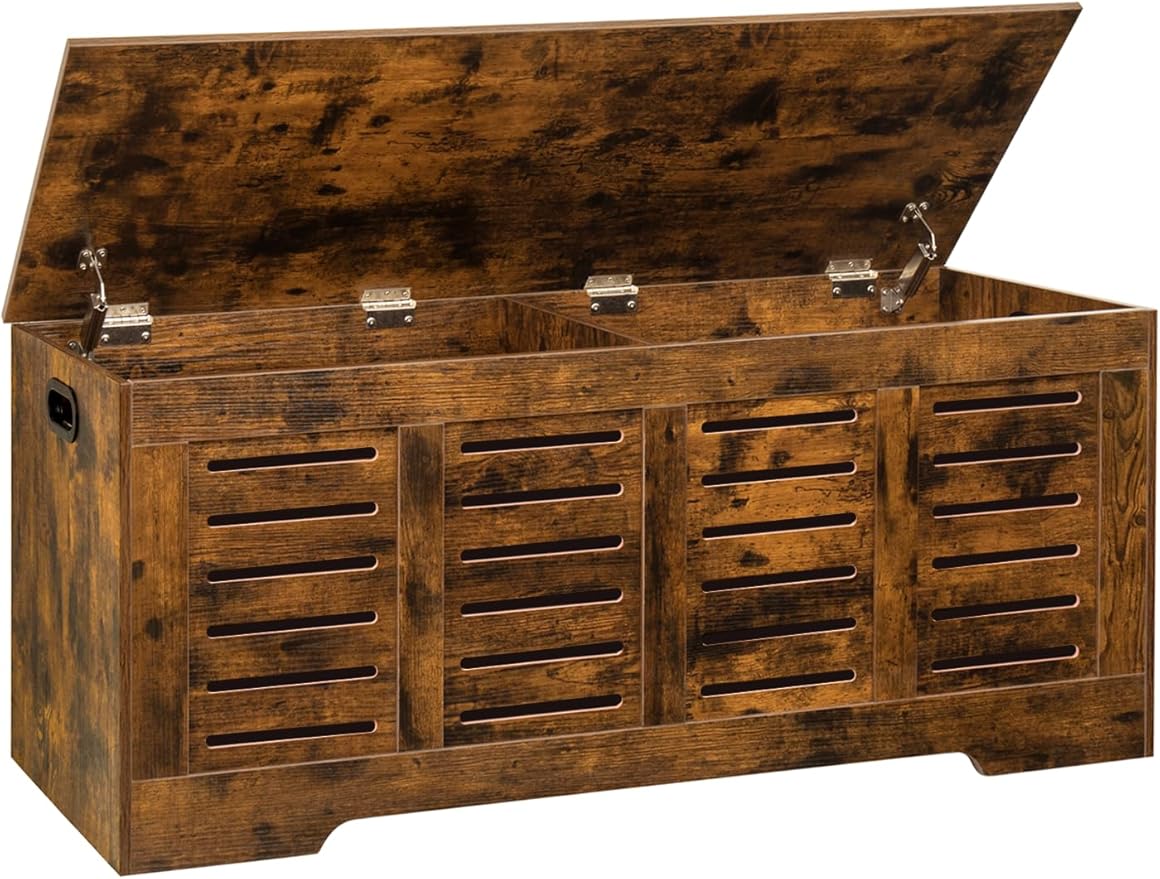 DINZI LVJ Storage Chest, 47.3” Wooden Toy Box with 2 Safety Hinges, Retro Entryway Shoe Storage Bench with Flip-Top, Sturdy Large Storage Trunk for Living Room, Bedroom, Easy Assembly, Rustic Brown