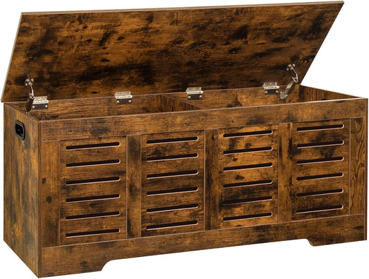 DINZI LVJ Storage Chest, 47.3” Wooden Toy Box with 2 Safety Hinges, Retro Entryway Shoe Storage Bench with Flip-Top, Sturdy Large Storage Trunk for Living Room, Bedroom, Easy Assembly, Rustic Brown