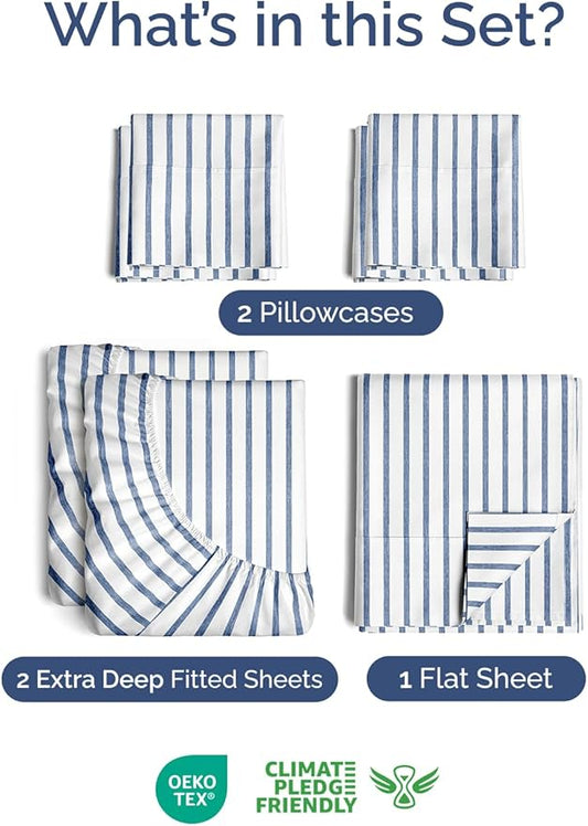 Extra Deep Split King Sheet Set - 7 Piece Breathable & Cooling Sheets - Hotel Luxury Bed Sheets Set - Easy Fit - Soft, Wrinkle Free & Comfy Sheets Set - Blue Striped Sheet Set w/Extra Deep Pockets