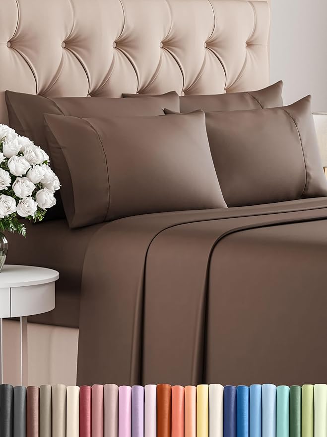 CGK Linens Full 6 Piece Sheet Set - Cooling Sheets for Hot Sleepers - Hotel Luxury Bedding Set with 8-16 Inch Deep Pockets - 1 Flat & 1 Fitted & 4 Pillowcases - Soft, Easy Care & Wrinkle Free - Brown