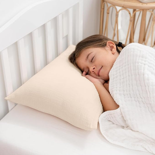 Comfy Cubs Toddler Pillow with Soft Muslin Pillowcase, 13"x18", Cream (2 Pack) - Kids Pillow for Sleeping & Travel - Comfortable Small Pillow - Kids Travel Pillow with Breathable Microfiber Fill