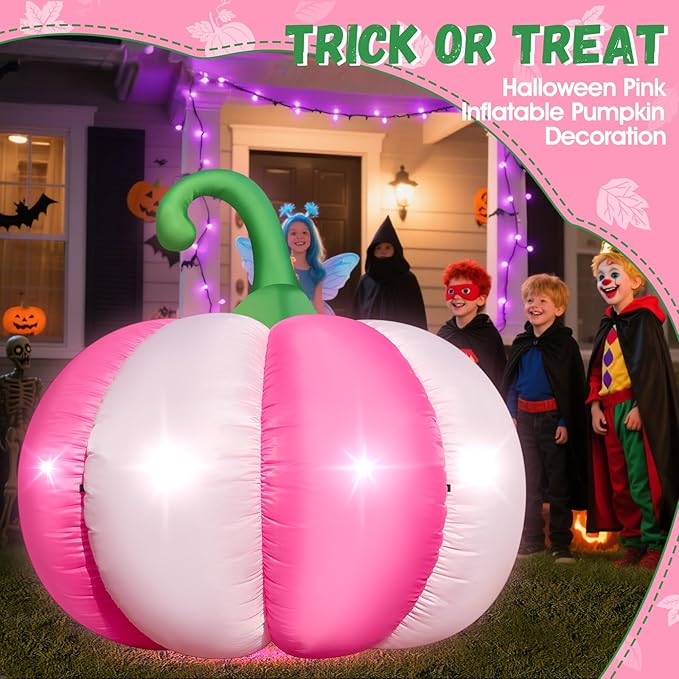 4.6FT Halloween Inflatable Pumpkin Outdoor Decorations Blow-up Pink Pumpkin Build-in 4 LED Lights for Halloween Party Decor Giant Inflatable Fake Pumpkins for Fall Thanksgiving Yard Garden Lawn