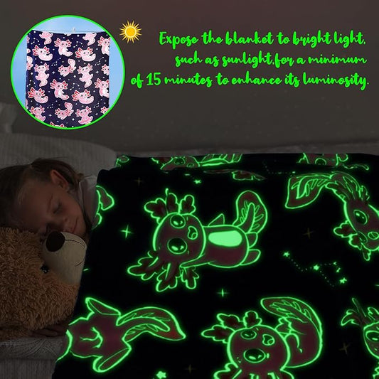 Axolotl Blanket Glow in The Dark Blanket Pink Axolotl Plush Cute Blanket for Girls Axolotl Gifts Birthday Decorations 40"x50"