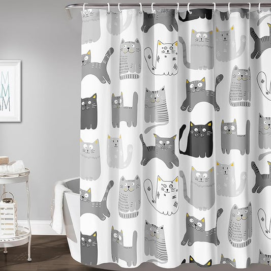 AILONEN Cat Shower Curtain 48" W*72" H Funny Cartoon Cat Grey Printed Bath Curtain Cat Theme Shower Curtain Minimalist Bathroom Curtain Decor Polyester Waterproof Curtain with 12 Hooks