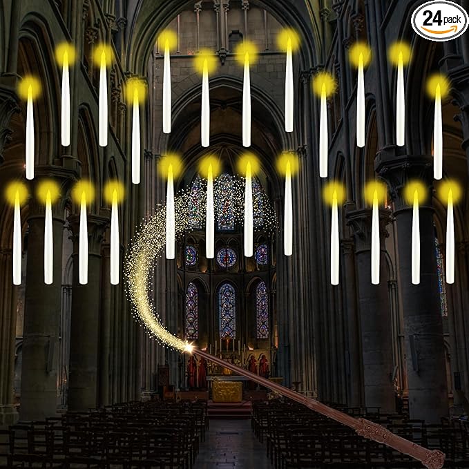 Floating Candles with Wand, 24PCS Hanging Candles with Remote Wand, Warmwhite Flickering Flameless Magic Floating Candle Lights for Halloween Christmas Decorations
