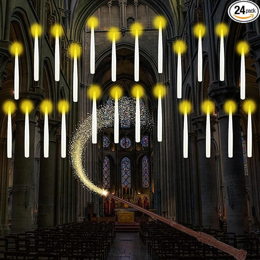 Floating Candles with Wand, 24PCS Hanging Candles with Remote Wand, Warmwhite Flickering Flameless Magic Floating Candle Lights for Halloween Christmas Decorations