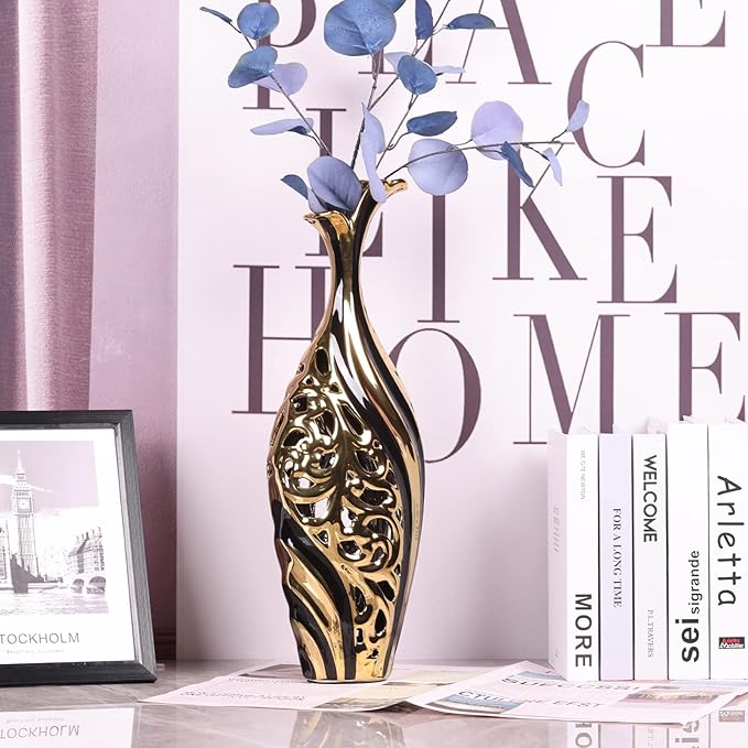 19 Inch Tall Floor Vase, Black and Gold Ceramic Vase, Pottery Decorative Vase, Unique Pampas Grass Vase for Living Room Floor, Home Office, Porch Home Centerpieces Decorative Large Vase