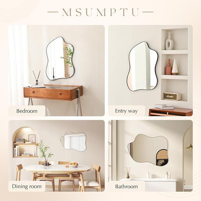 Irregular Wall Mirror Black Wave Shaped Matel Framed Wall Mirror for Bathroom Bedroom Entryway Living Room Wall Decor 24" L x 18" W 2305B