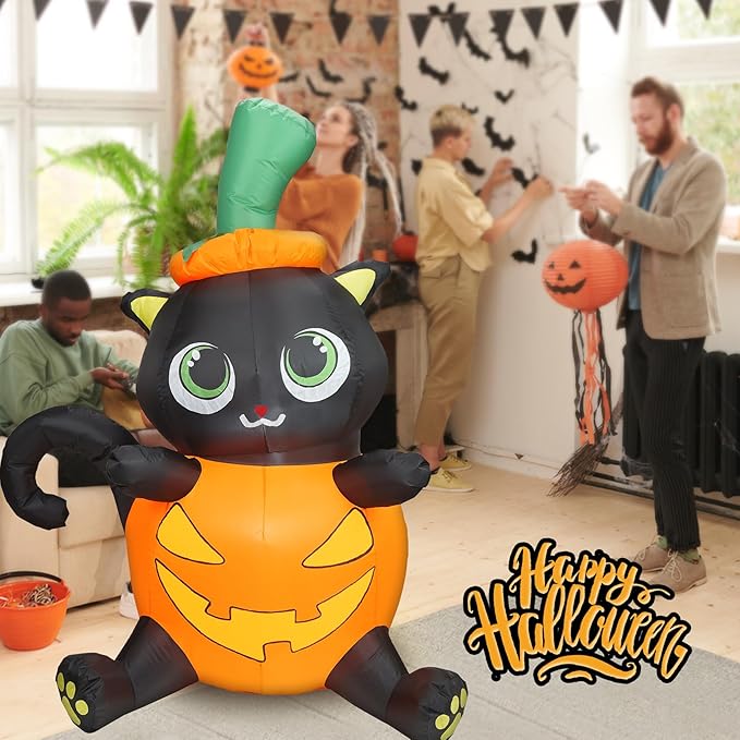5FT Halloween Inflatable Pumpkin Cat, Lovely Black Cat with Build-in LED Lights, Blow up Halloween Inflatable Outdoor Indoor Decorations Large Party Yard Decoration (Black Cat in Pumpkin)