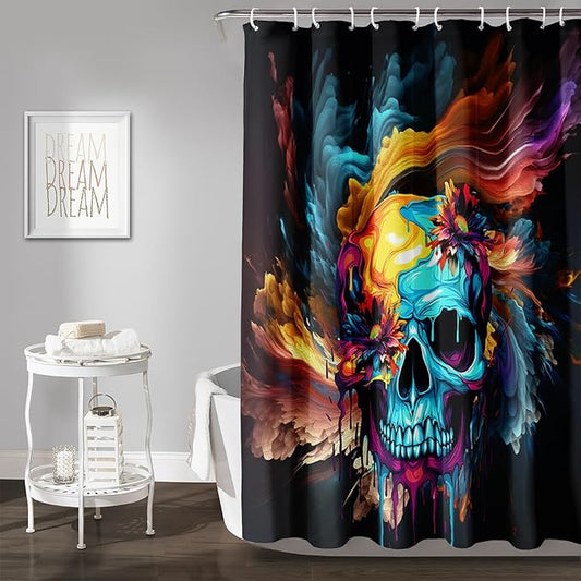 AILONEN Sugar Skull Shower Curtain for Bathroom,Romantic Colorful Smoky Skull Bath Curtain,Watercolor Skull Skeleton Decoration Bathroom Waterproof Shower Curtain with 12 Plastic Hooks, 36" W*72" H