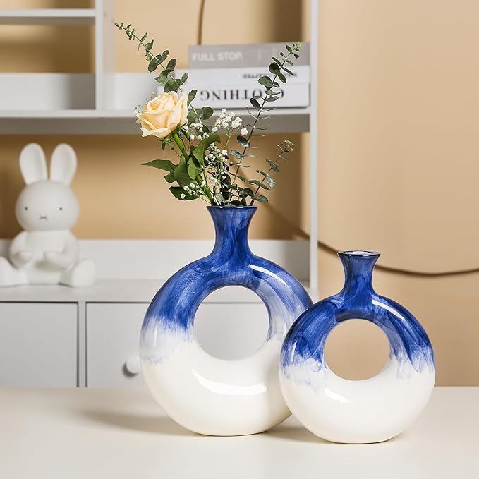 Ceramic Donut Vase Set of 2 - Blue and White Circle Decorative Vases for Home Decor, Centerpieces, Boho Pampas, Office, Wedding, Dinner Table, Living Room - Modern Flower Design