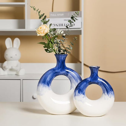Ceramic Donut Vase Set of 2 - Blue and White Circle Decorative Vases for Home Decor, Centerpieces, Boho Pampas, Office, Wedding, Dinner Table, Living Room - Modern Flower Design