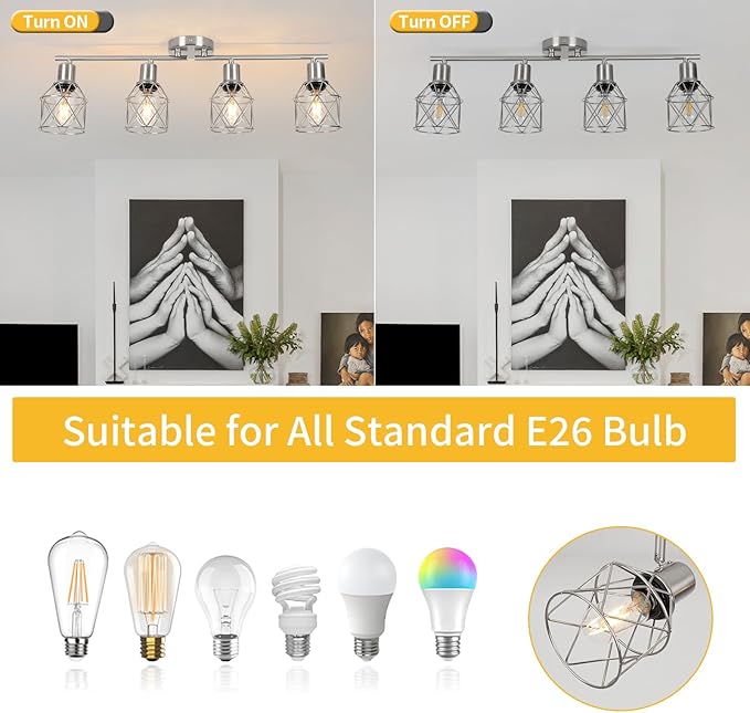 WILON Ceiling Lighting Fixtures,4 Way Track Light Fixture,4 Ceiling Spotlight,Kitchen Island Lighting Semi Flush Mount,Kitchen Track Lighting Flexibly Rotatable Light Head,E26 Base