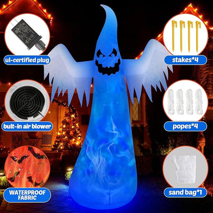 12FT Giant Halloween Inflatables Decorations Outdoor Ghost Built-in 3-Color Changing Rotating Flame LEDs Blow Up Yard Inflatables Halloween Large Scary Spooky for Outside Patio Lawn