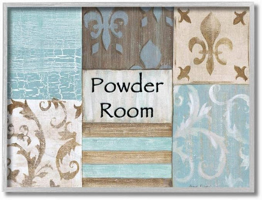 Stupell Industries The Stupell Home Decor Collection Fleur de Lis Powder Room Blue, Brown and Beige Bathroom Grey Framed Wall Art, 11 x 14, Design by Artist Bonnie Wrublesky