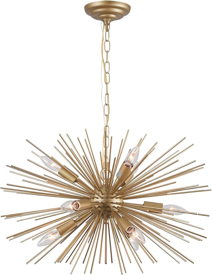 24" Modern Golden Sputnik Chandelier Vintage 9-Lights Geometric Starburst Chandelier Light Fixture Gold Solid Metal Sputnik Chandeliers for Dining Room, Kitchen, Bedroom, Living Room, E12