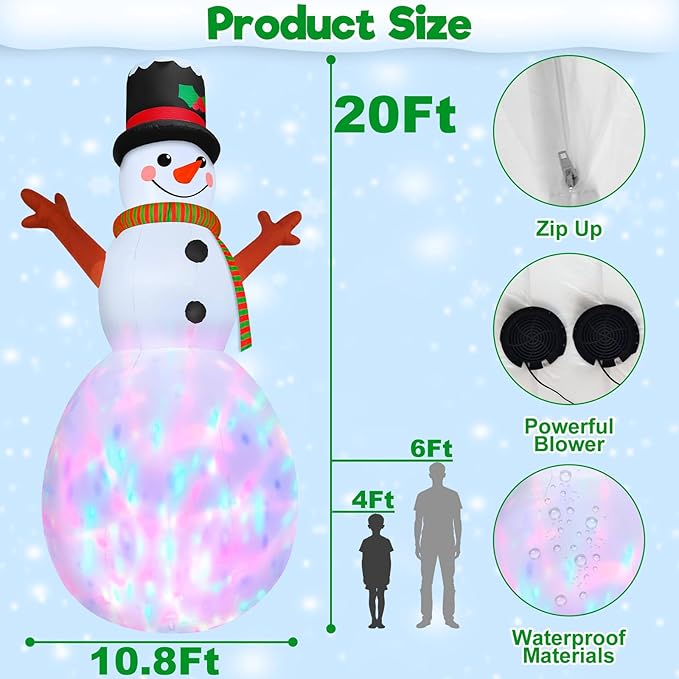 20FT Giant Christmas Inflatable Snowman with Colorful 3D Rotating Lights, Outdoor Blow Up Christmas Decorations, Huge Snowman Inflatables for Yard Lawn Holiday Xmas Party Decor