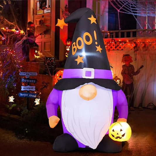 GOOSH 5 FT Halloween Inflatables Gnomes Outdoor Decorations Blow Up Yard Cute Gnomes Helding Pumpkin with Built-in LEDs for Garden Lawn Indoor Party Decor