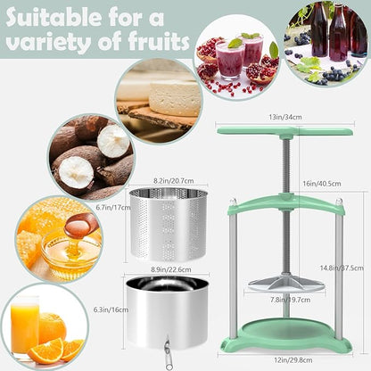 SQUEEZE master Cheese Tincture Herb Fruit Wine Manual Press-1.6Gallon/ 6 Litre with Triangular Structure & T-Handle-Stainless Steel for Juice, Cider,Wine,Olive Oil-Green
