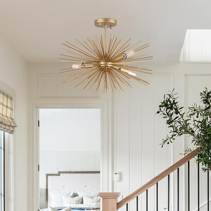 Modern 20" Gold Sputnik Light Fixture 4-Light Modern Semi Flush Mount Ceiling Light Solid Metal Golden Starburst Sputnik Chandelier for Dining Room, Bedroom, Kitchen, Laundry Room, Foyer