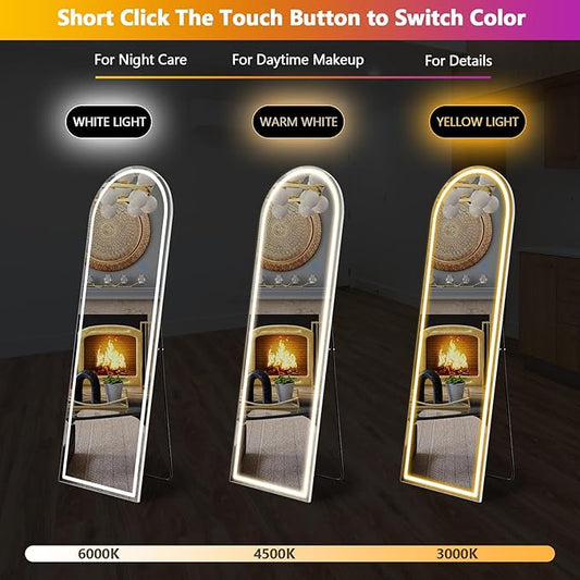 Sweetcrispy 63"x20" Mirror Full Length Standing Mirror with LED Lights, Lighted Floor Mirror with Stand, w/Dimming & 3 Color Lighting, Wall Mirror Full Length Aluminum Alloy Thin Frame, White