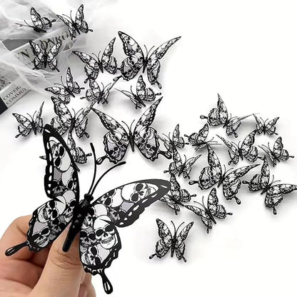 Halloween Wall Stickers 12Pcs Butterfly Wall Decor with Skull Design Halloween Wall Decals 3D Butterflys Wall Decorations Reusable Window Stickers for Halloween Party Home Room Art DIY Accessories