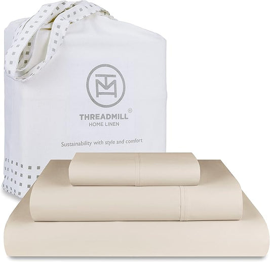 Threadmill Luxury 800 Thread Count 100% Cotton Sheets - Light Beige Sateen Weave Twin Size Bed-Sheets, Better Than Egyptian Cotton,3 Pc Solid Soft Bedding Set, Fits 15" Deep Pocket