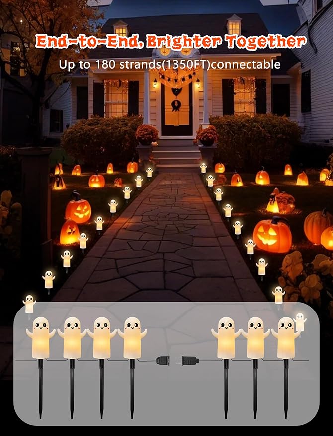 Halloween Ghosts Pathway Lights,4 Pack Ghosts Stake Lights with C7 Clear Bulbs,7Ft Extendable Waterproof Walkway Lights Halloween Decor for Yard Porch Lawn Pathway Garden