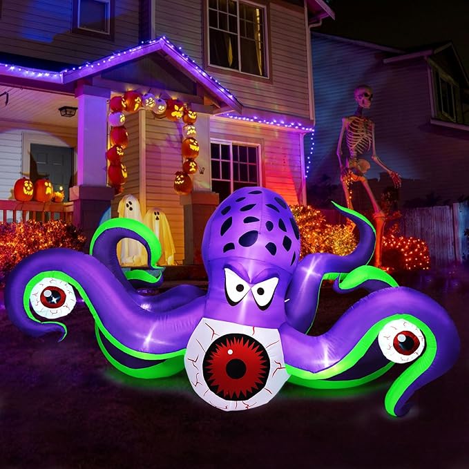 Camuland 6.5Ft Long Halloween Inflatables Giant Octopus Purple LED Light Blow up Halloween Decor Inflatable Outdoor Halloween Decorations for Holiday Party Yard Lawn