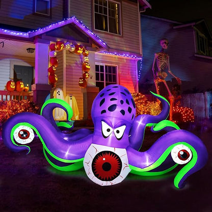 Camuland 6.5Ft Long Halloween Inflatables Giant Octopus Purple LED Light Blow up Halloween Decor Inflatable Outdoor Halloween Decorations for Holiday Party Yard Lawn