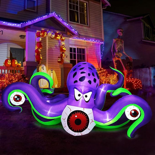 Camuland 6.5Ft Long Halloween Inflatables Giant Octopus Purple LED Light Blow up Halloween Decor Inflatable Outdoor Halloween Decorations for Holiday Party Yard Lawn
