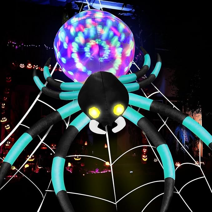 12Ft Halloween Inflatables Decorations Spider Built-in 7-Colors Changing LED Lights, Giant Blow ups Yard Decorations Outdoor with Colorful Rotating Lights & Glowing Eyes for Garden Lawn（Cyan）