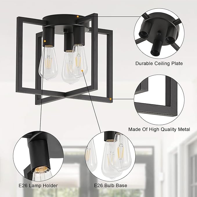 3-Light Ceiling Light Fixture, Black Semi-Flush Mount Chandelier with Geometric Metal Shade, Farmhouse Industrial Lighting for Kitchen Living Room Bedroom Hallway Foyer, E26 Base