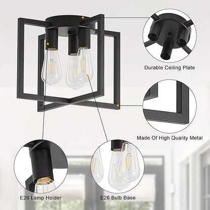 3-Light Ceiling Light Fixture, Black Semi-Flush Mount Chandelier with Geometric Metal Shade, Farmhouse Industrial Lighting for Kitchen Living Room Bedroom Hallway Foyer, E26 Base
