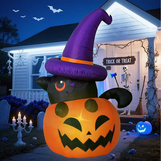 6 FT Halloween Inflatables Pumpkin Outdoor Decorations, Blow Ups Pumpkin Cat Decoration with Built-in Rotating Colorful LED Lights for Holiday Party Yard Garden Lawn