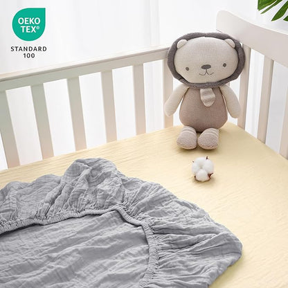 Muslin Crib Sheets for Boys Girls, 2 Pack 100% Cotton Soft Breathable Fitted Baby Sheet Set, 28x52 Inch Fits Standard Crib and Toddler Mattresses, Beige & Grey