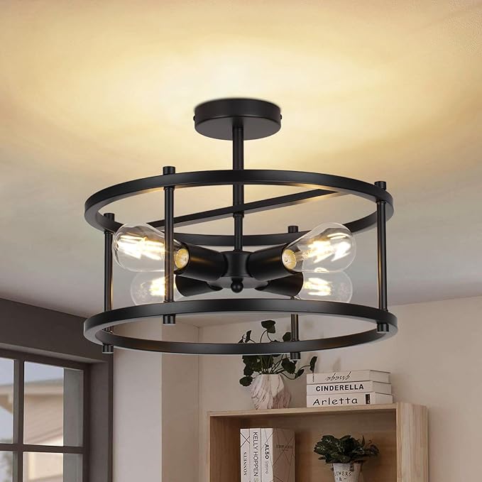16" Semi Flush Mount 4-Light Industrial Ceiling Light, Black Chandelier for Kitchen, Dining Room, Entryway, Bedroom, Living Room