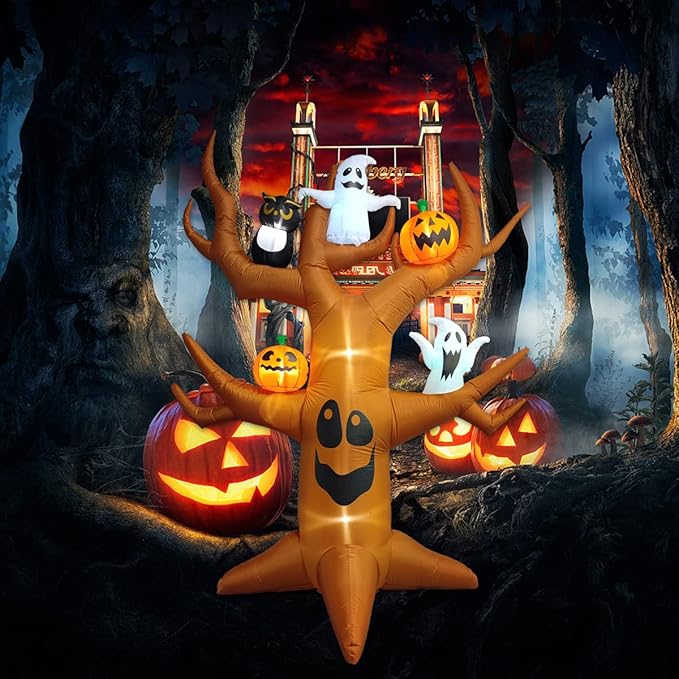 9ft Halloween Inflatables Blow Up LED Inflatable Dead Tree with Ghost and Pumpkins for Outdoor Indoor Garden Yard Lawn Party Holiday Decoration